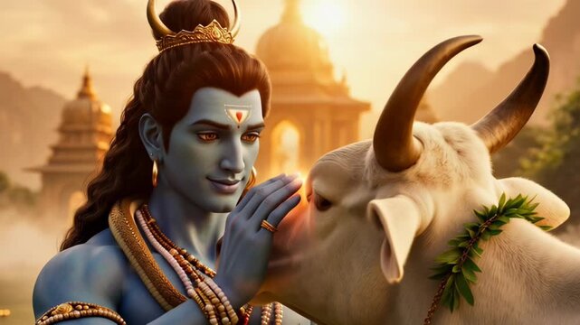 Digital Artwork Depicting Lord Shiva with a Sacred Cow in a Mythological Scene, Emphasizing Divine Blessing and Spiritual Power for Maha Shivratri