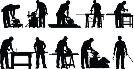 Carpenter and construction worker silhouettes using circular saw and woodworking tools isolated on white background for carpentry, renovation and workshop concepts