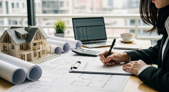 Real Estate Investment Planning Home Blueprint Analysis Financial Advisor Property Development Concept