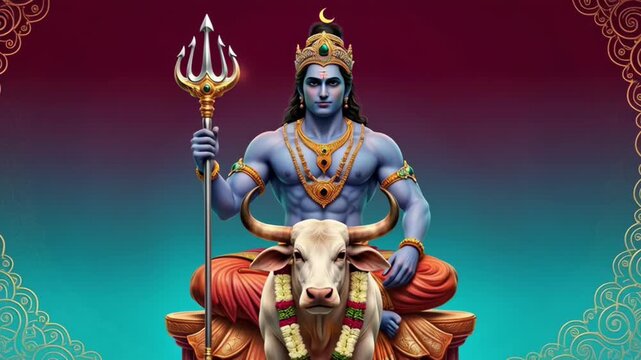 Divine Lord Shiva with Trishula and Sacred Cow in Traditional Hindu Art Style, Spiritual and Religious Symbolism for Worship and Meditation