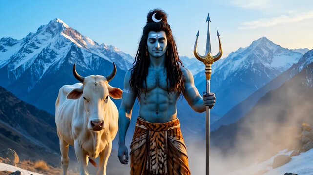 Majestic Lord Shiva with Trident and Sacred Cow in Snow-Capped Mountain Landscape for Religious and Spiritual Themes