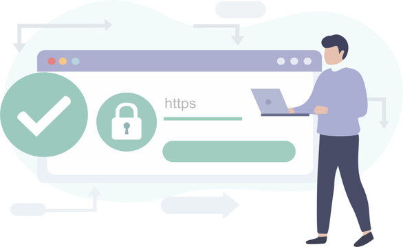 Professional man verifying website security with HTTPS and padlock icons. Vector illustration of secure browsing, SSL certificate, and web protection concept in a modern flat design