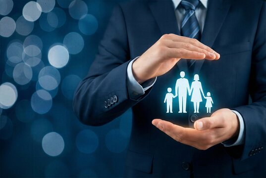 Corporate insurance agent holding hands protectively over glowing digital family icon symbolizing social security parental welfare life coverage healthcare protection and secure future generation.