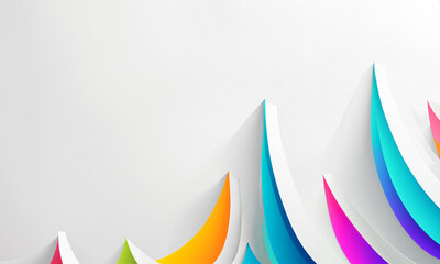 abstract composition of vibrant colorful 3d curved ribbons and wavy sharp shapes with shadows rising upwards on a clean white surface