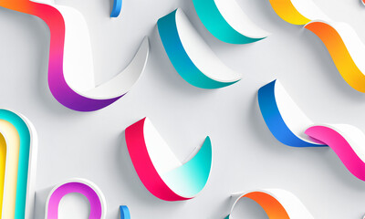 scattered 3d curved segments with colorful gradients and soft shadows on a white surface creating a dynamic abstract pattern