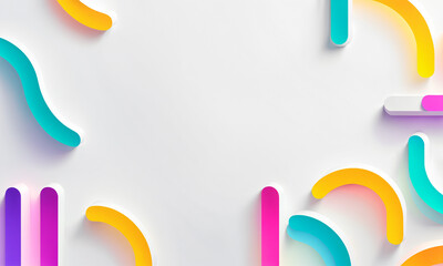 minimalist abstract composition with rounded colorful 3d geometric shapes and curved lines scattered on a white background