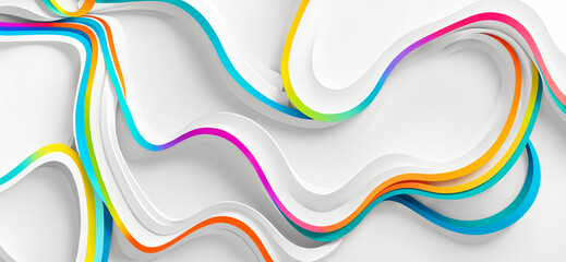 complex tangled colorful ribbons and vibrant winding lines with striped gradients on a white surface