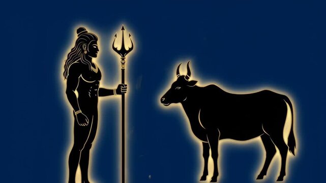 Silhouette of Lord Shiva with Trident and Sacred Cow Illustration for Religious and Spiritual Content
