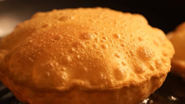 Macro shot of perfectly puffed golden Indian Puri (Poori) bread frying in hot oil, close up of traditional street food cuisine texture.