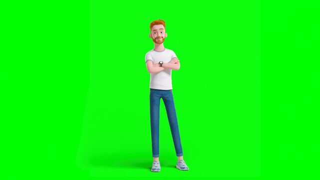 3D Animated Happy Cartoon Man in Causal T-Shirt and Jeans Standing With Arms Crossed, Waving Hi on Green Background.