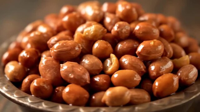 Close-up of glossy, peeled peanuts piled high in a rustic metal bowl. Boiled or roasted nuts, a healthy high-protein snack, or ingredient for cooking and baking.