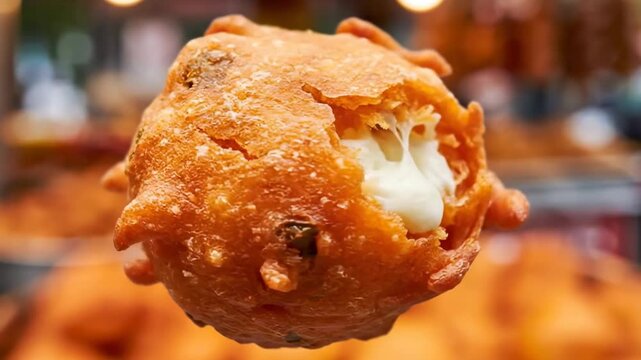 Extreme Close-Up of a Perfectly Fried Indian Street Food Snack Fritter, such as Bonda or Punugulu, showcasing the Crispy Golden Texture and Visible Chili Pieces