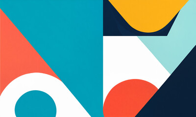 abstract geometric shapes including circles and triangles in a mix of orange teal and navy colors