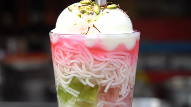 Close-up view of traditional Indian Falooda dessert, a refreshing cold sweet drink layered with white vermicelli noodles, green jelly, rose syrup, and topped with vanilla ice cream.