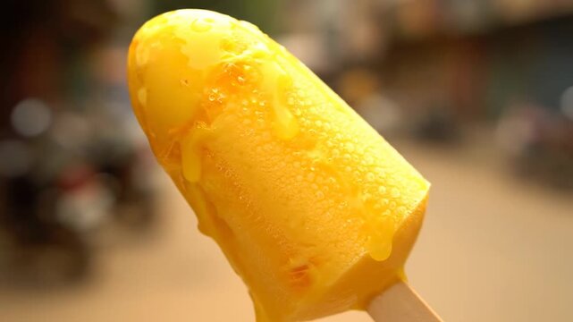 Vibrant yellow fruit popsicle melting under the sun, showing condensation drops and dripping liquid. Refreshing frozen dessert for summer heat.