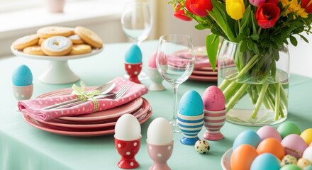 Happy easter table setting with colorful eggs and flowers