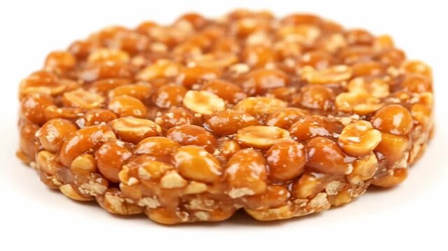 Close-up Studio Shot of a Delicious Round Peanut Brittle Candy (Gozinaki or Kozinaki) Isolated on a White Background, Showcasing Crunchy Texture.