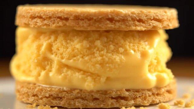 Extreme close-up of a melting yellow ice cream sandwich dessert layered with two golden shortbread cookies.
