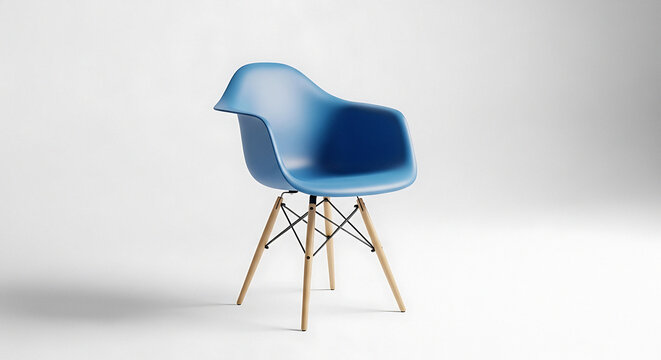 Modern blue Eames chair with wooden legs on white background