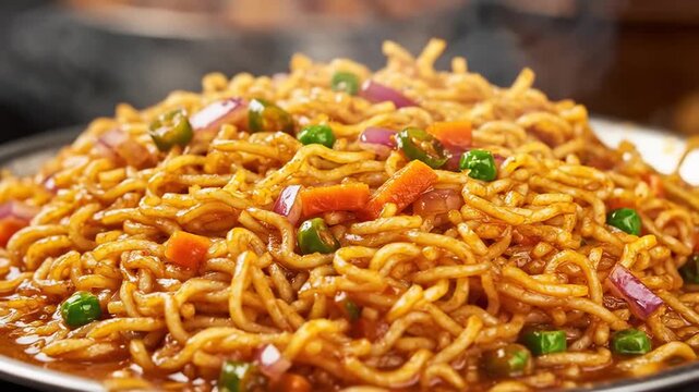 Close-up of steaming spicy vegetable noodles served hot on a plate, featuring carrots, onions, peas, and chili peppers in a rich gravy, showcasing fast food and comfort cuisine.