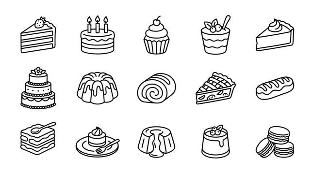 Minimalist line art icons for desserts and sweets, isolated on a white background.