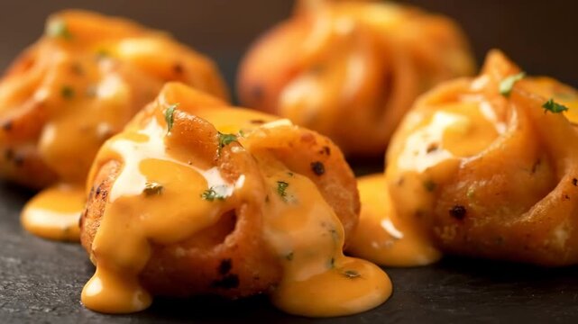 Macro shot of crispy deep-fried Momos (dumplings) drenched in a creamy, rich orange spicy sauce on a dark surface, highlighting the delicious texture and appetizing presentation.