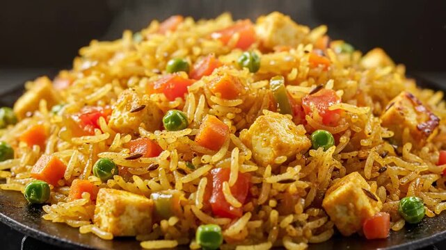 Close-up of Delicious Paneer Pulao or Vegetarian Indian Biryani. Aromatic Basmati rice dish cooked with vegetables (peas, carrots) and soft paneer cubes, served steaming hot.