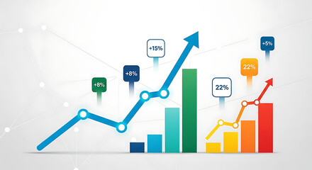 Financial growth and upward trend analysis with bar and line charts