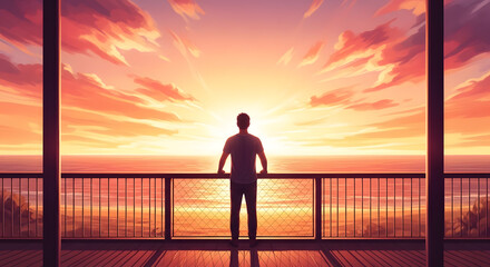 a man standing on a balcony looking out at the ocean