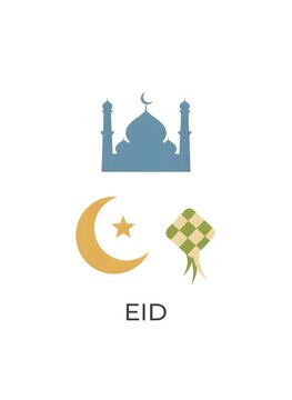 Eid Mubarak Greetings Featuring a Mosque, Crescent Moon, Star, and Ketupat