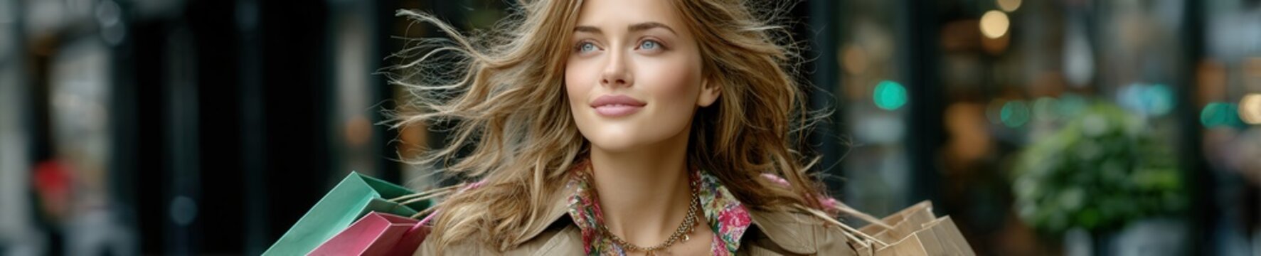 Stylish woman in floral dress and trench coat walking on city sidewalk with shopping bags in bright spring sunlight for fashion lifestyle.