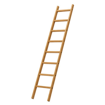 Angled light brown wooden ladder with nine rungs isolated on white background