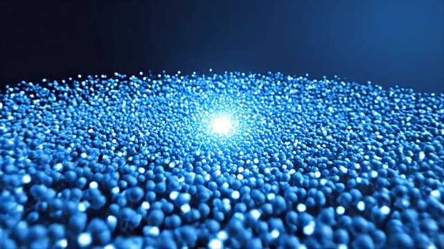 Abstract visualization of cellular replication acceleration using glowing blue particles in a dark scientific