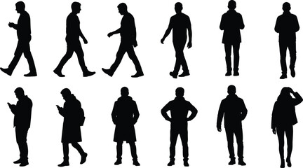 Business people silhouette set, walking standing poses, human figure collection, isolated black characters, urban lifestyle vector illustration bundle pack design