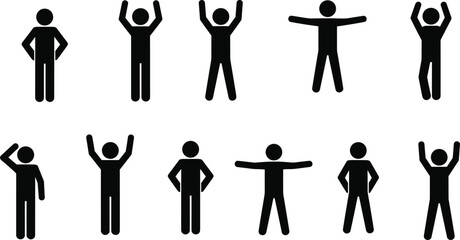 Stick figure people silhouette set, human gesture icons collection, body language poses, simple social characters, minimal vector illustration design pack