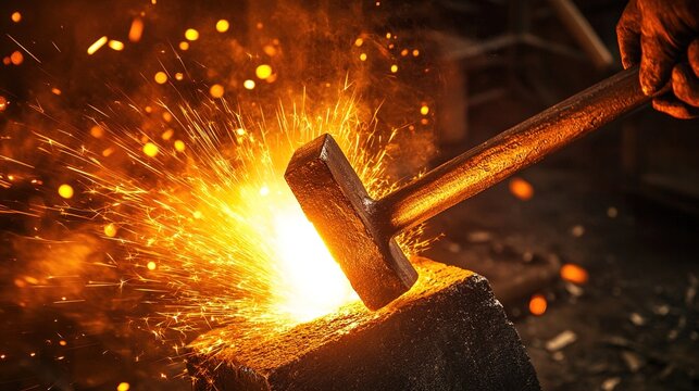 redhot. A red-hot iron bar being forged into a horseshoe shape on an anvil, sparks flying. safety posters, maintenance manuals, designed for industrial assembly lines and welding operations.
