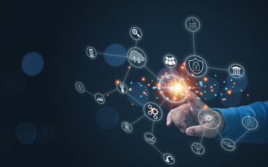 Fototapeta premium Businessman touching virtual screen of technology smart robot AI, artificial intelligence. Science, and technology concept. Futuristic technology transformation. innovation smart robot is assistant.