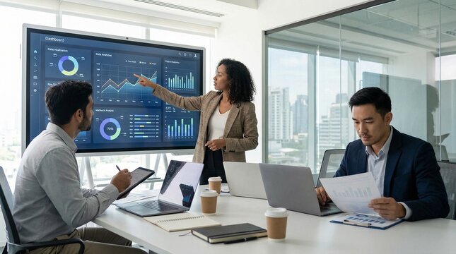 Business professionals analyzing financial data on a large digital screen during a corporate meeting showcasing teamwork and strategic planning