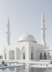 Fototapeta premium Serene mosque with dome and minarets standing tall beside calm water reflection, image (63).jpg
