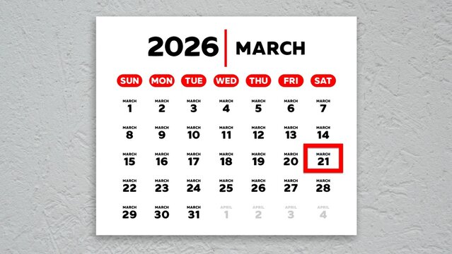 The date March 21st marked with a red cursor on the wall calendar 2026