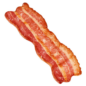 Close up of crispy juicy strip of fried bacon isolated on white background