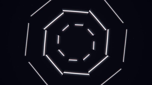 Close-up of a white neon octagonal light design on a black background with a minimalist aesthetic and futuristic feel.