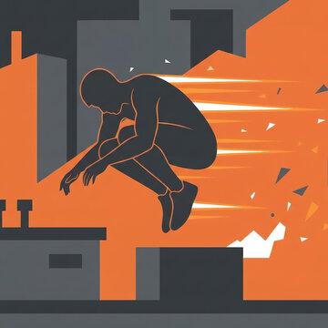 Dynamic illustration of a silhouette figure performing a parkour jump against a stylized urban backdrop