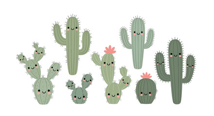 Cute Cartoon Cacti Collection with Faces.