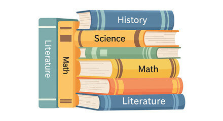 Stack of Textbooks with Various Subjects.
