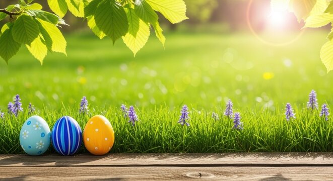Happy easter eggs in a sunny green grass field with purple flowers