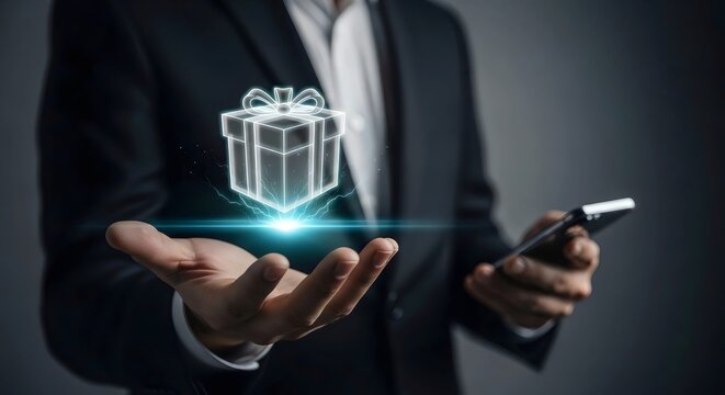 Gift Offer #2026: A groundbreaking customer appreciation solution featuring a businessman holding a highly detailed, illuminated holographic gift box, symbolizing premium service and fintech technolog