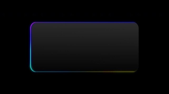 Minimalist neon glowing frame with vibrant gradient lines on black background, futuristic digital border loop for text or logo placement.