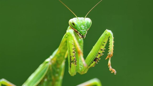 Green praying mantis macro close-up showing intricate details and its natural posture against a blurred background capturing this fascinating insect