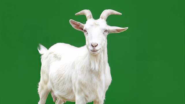 Majestic white goat gracefully sauntering on a vibrant green screen background, perfect for chroma key projects